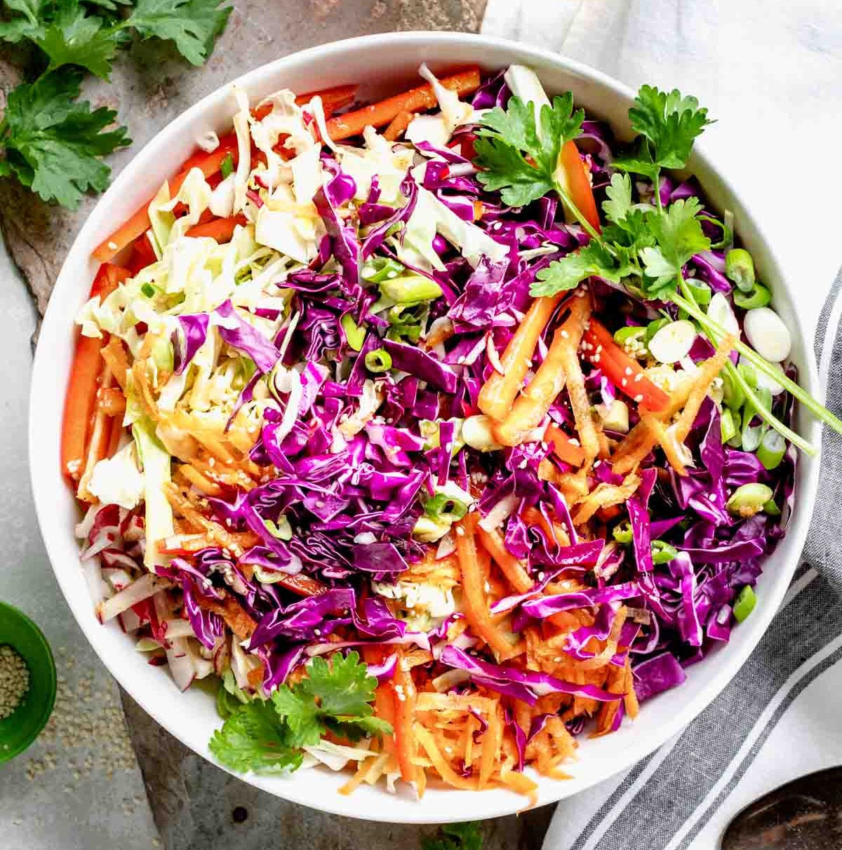 Kale, Red Cabbage, Seasame Seeds and Tahini Dressing Salad